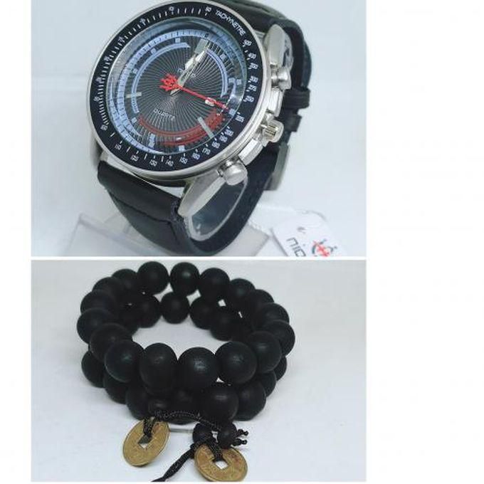 Men Solid Black Leather Watch + Bracelets