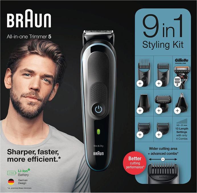 Braun 9-in-1 Hair Trimmer With Gillette ProGlide Razor, Black - MGK5380