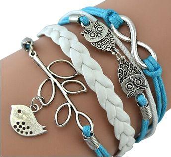 Girl Jewelry Vintage Braided Anchors Metal Leather owl bird Bracelet  Wrap Bracelets best friend