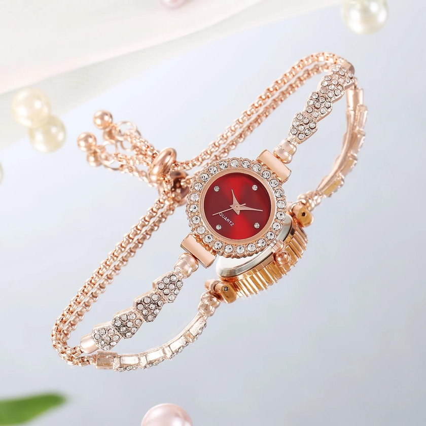 Luxury  Diamond   Round  Ladies  Red /Pink Watches  Women  Diamond  Rhinestone  Fashion  Elegant  Wristwatch  Quartz   Watch  Ladies  Clock  For  Girl