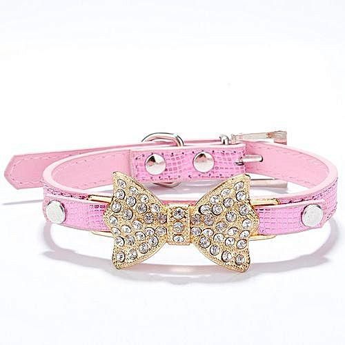 Generic Dog PU Leather Collar Adjustable Pet Cat Puppy Crystal Rhinestone Bowknot Necklace Collars Color:Pink Size:XS