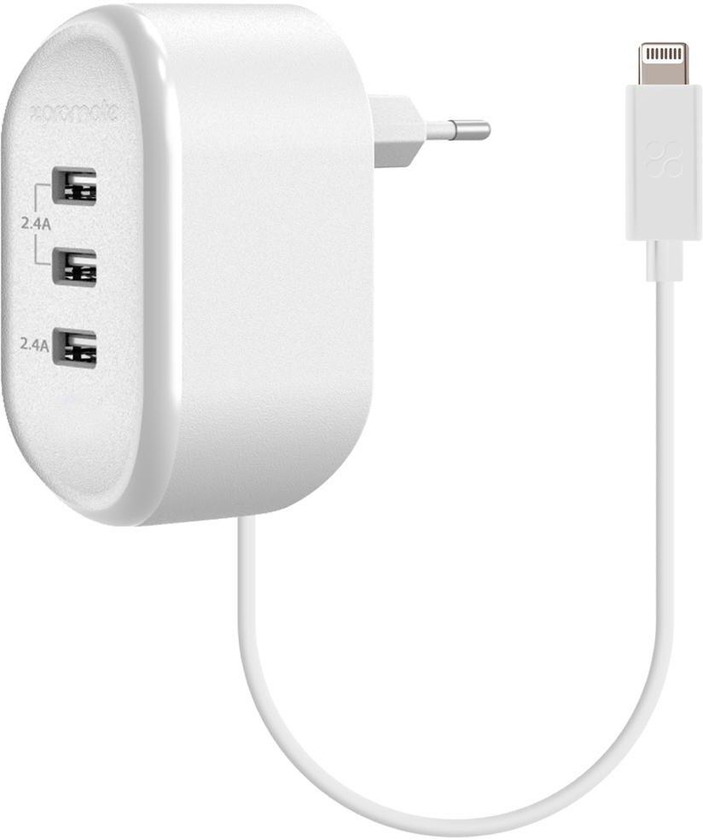 Promate USB Wall Charger, Heavy Duty Home Charger with 3 USB Ultra-Fast Charging Ports, Smart Current Detection and Built-In 1M Lightning Cable for iPhone, iPad, iPod, Smartphones, MP3, MP4, Tornado-3LT White EU