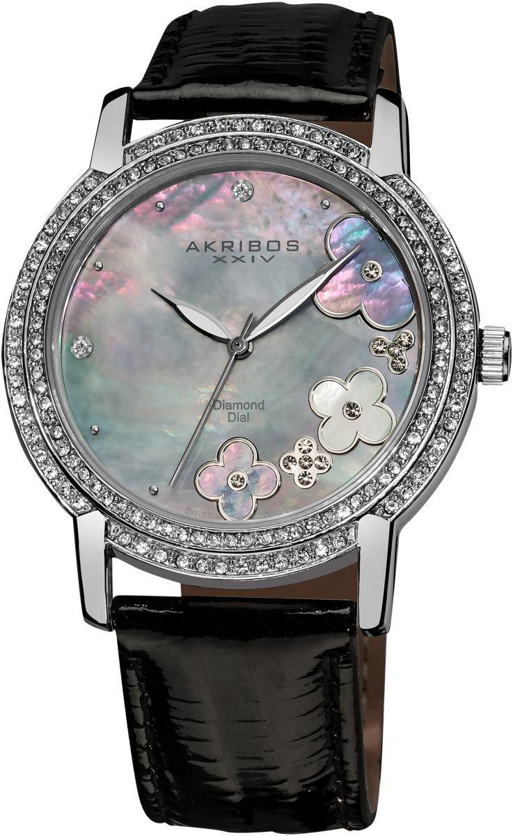 Akribos XXIV For Women Swiss Quartz MOP Diamond Dial Leather Band Watch - AK580BK, Analog
