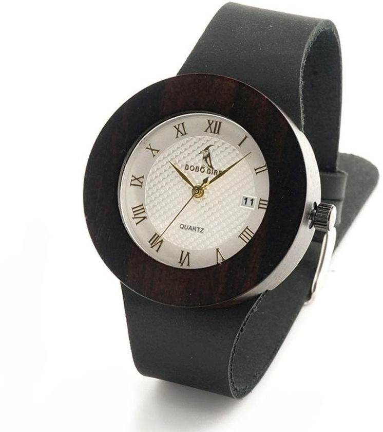 BOBO BIRD Women's Design Brand Gold Dial Wooden Bamboo Watch  With Leather Quartz Watch And Date