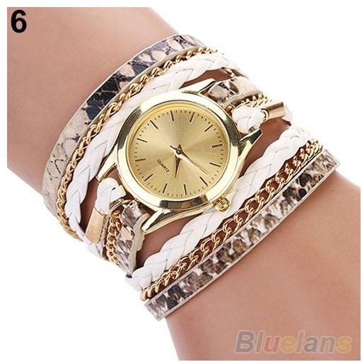 Sanwood Women's Leopard Print Braided Faux Leather Analog Quartz Bracelet Wrist Watch-White