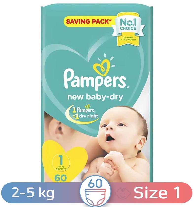 Pampers Baby-Dry Diapers - Size 1 - Newborn - 2-5 Kg - 60 Diapers