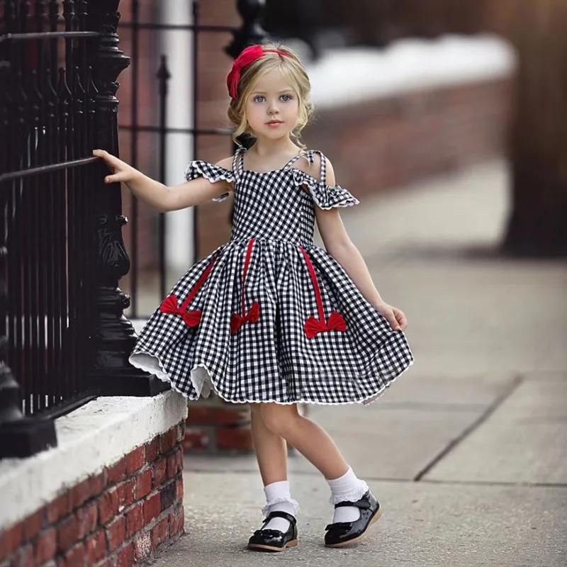 High quality Girls Dresses Fashion Baby Kids Girl Short Sleeve Off Shoulder A-Line Plaid Princess Dress