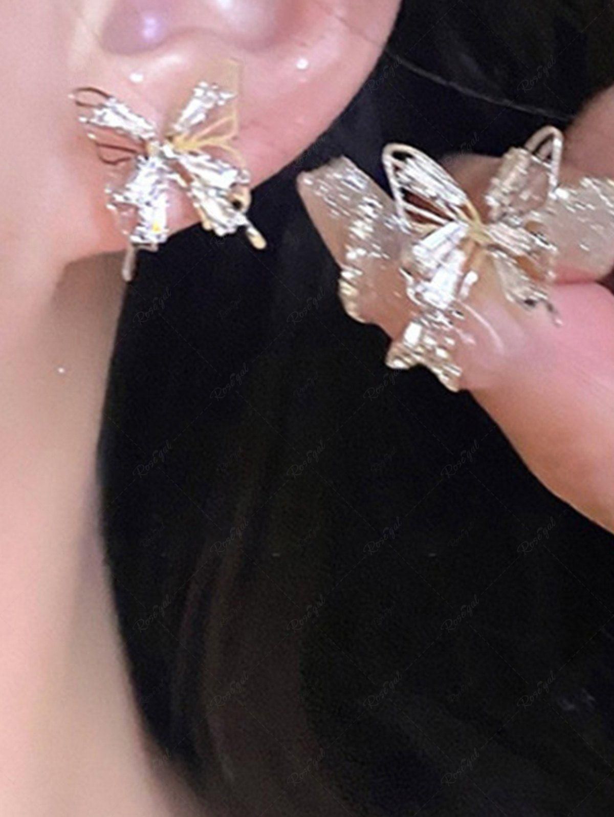 Fashion Glitter Gemstone Hollow Out Butterfly Stud Earrings