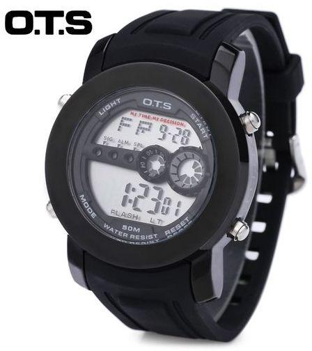 OTS OTS 6355 Men Sport Watch Dual Sub-dials Water Resistance Chronograph Alarm Calendar Display Rubber Strap Wristwatch (Black)