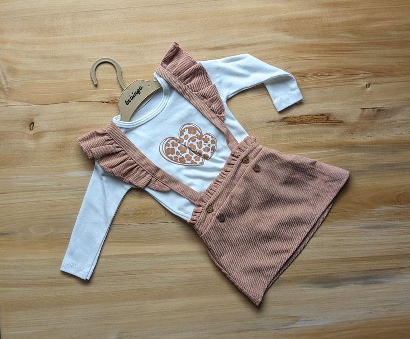 Turkey Two Piece Suspender Skirt And Long Sleeved Cotton Top - Coffee Brown/White