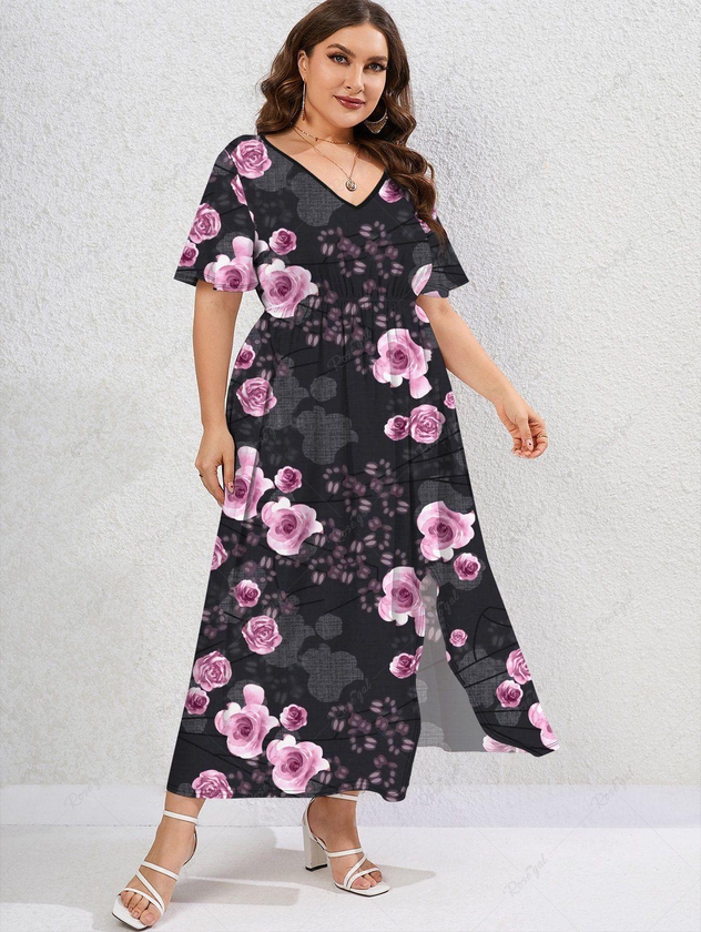Plus Size V-Neck Rose Printed Split Valentines Dress - M | Us 10