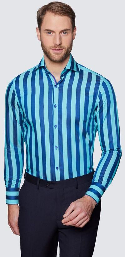 Hawes & Curtis Men's Curtis Turquoise & Navy Bold Stripe Slim Fit Shirt - High Collar