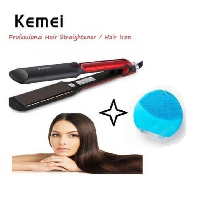 Kemei Km-531 مكواه لفرد و أداه تمليس الشعر - أسود+فرشاة تنظيف الوجه- سيلكون
