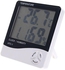 جهاز لقياس مستوى الرطوبة ودرجة الحرارة ويحتوي على ساعة، مزود بشاشة ال سي دي