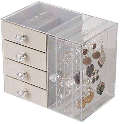 صندوق مجوهرات للنساء مع 4 أدراج شفافة لتخزين المجوهرات، [منظم المجوهرات] منظم مجوهرات للتعليق للسوار القرط (بلون كريمي - 4 أدراج طبقتين) [منظم مكياج]