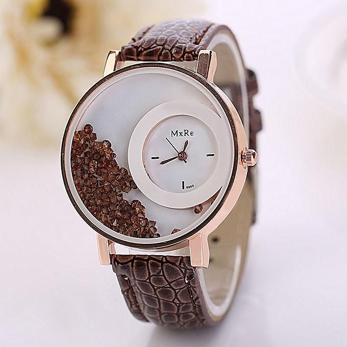 Generic Woman Leather Quicksand Rhinestone Quartz Bracelet Wristwatch Watch BW