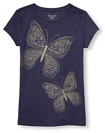 The Children's Place Girls Glitter Butterfly Graphic Foil Top- Eve Blue And Gold