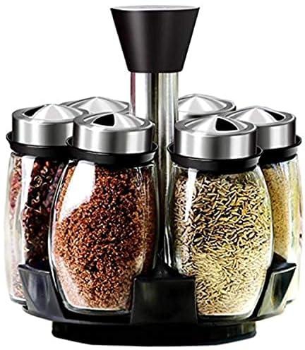 7Pcs/Set Rotating Glass Cruet Condiment Set for Spice Pepper&Salt Shakers Seasoning Box Sprays Kitchen Storage Jar Rack (Excluding Seasonings)