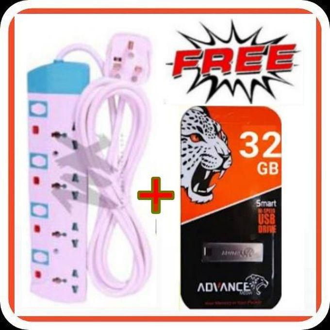 Power King 4 Way Power Extension Cable With Switch + Free Advance 32GB media Flash Disk/USB