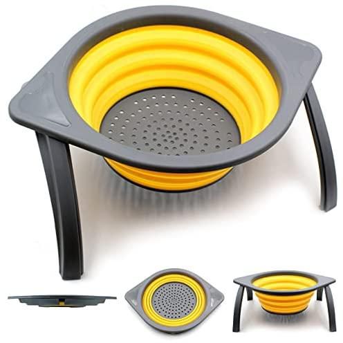 Collapsible Colander and Strainer, BPA Free & Dishwasher-safe Silicone Foldable Strainer, Kitchen Collapsible Colander with Legs and handle, Drainer Basket for Pasta, Veggies and Fruits, 11 inch