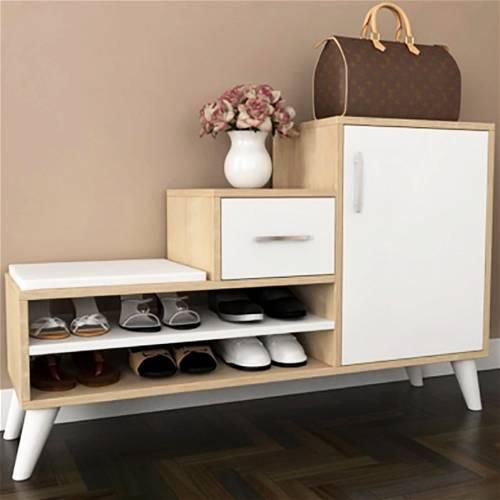 Modern Shoe Cabinet with open shelf, White & wood - HG54