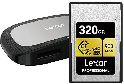 Lexar Professional 320GB CFexpress Type A Card Gold Series + Type A/SD USB 3.2 Gen 2 Reader, Card Up to 900MB/s Read, Cinema-Quality 8K Video, Rated VPG 400 (LCAGOLD320G-RNRNG)
