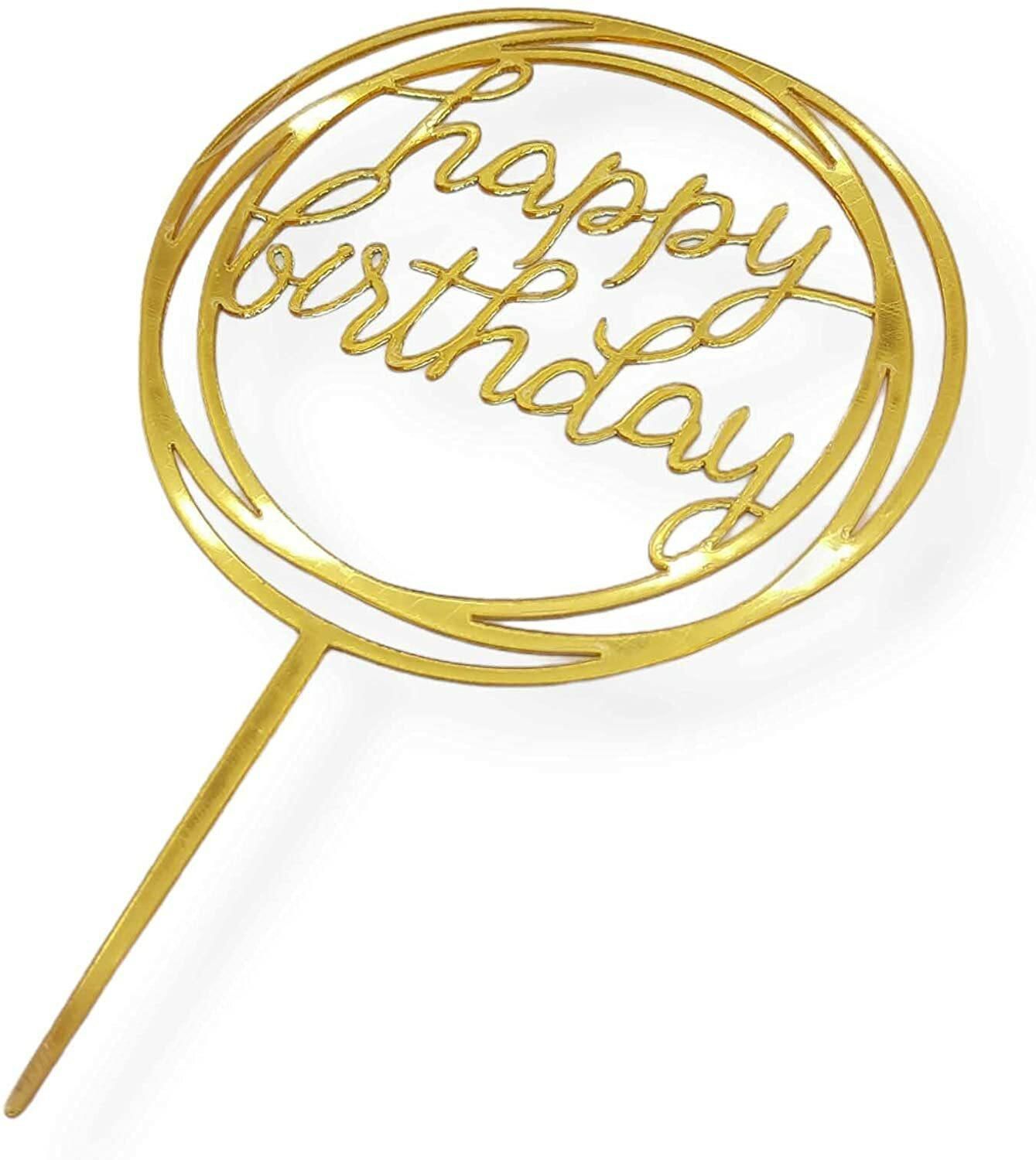 Party Time Round Shape &quot;Happy Birthday&quot; Acrylic Golden Color Happy Birthday Cake Topper for Birthday Decoration/Happy Birthday Cake Decoration Item - Cake Topper