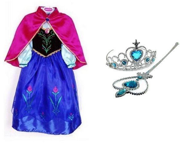 3 Pieces Elsa Anna Blue And Purple Dress Frozen With Blue Crown And Wand 7-8 Years