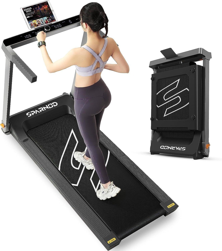 Sparnod Fitness STH-3090, 180 Folding Running Deck, 2-In-1 Walking Pad/Treadmill For Home Use, Store Under Bed/Sofa, Preinstalled. 5.5 HP Peak DC Motor, 110 kg User Weight, App Track, Speed Knob