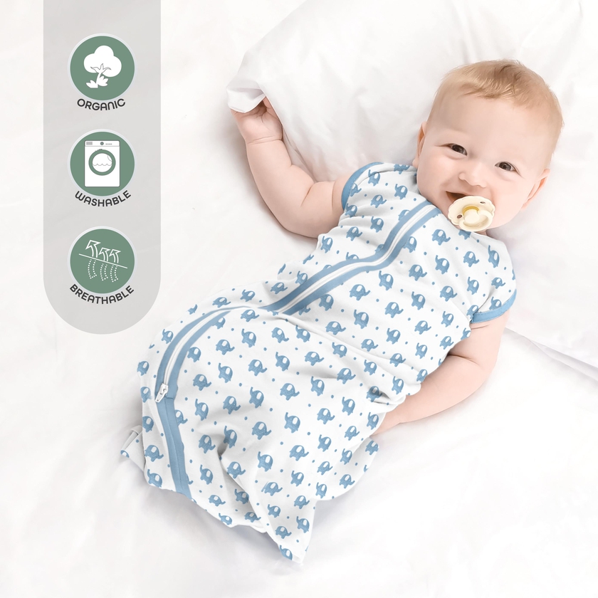 Moon - Organic Baby Sleep Sack Pack Of 2 (Large) - Blue & White With Elephant Print- Babystore.ae