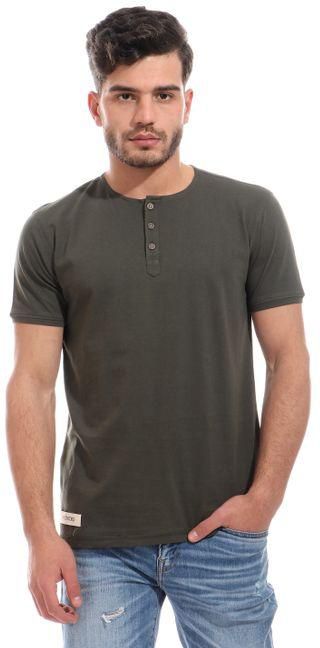 Izor Buttoned Cotton Plain T-Shirt - Olive