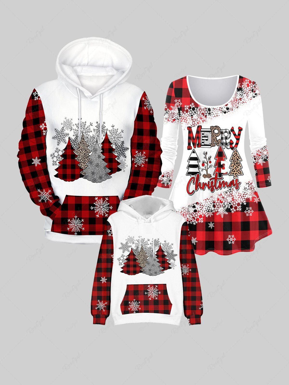 Kids Christmas Tree Snowflakes Plaid Flocking Lined Pullover Hoodie with Pocket - 150