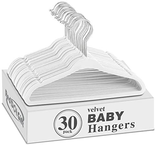 Red Dot Gift® 30-Pack Baby Velvet Hangers 11Inch/28cm - Nursery Clothes Hangers Non Slip Toddler Hangers, 360 Chrome Swivel Hook (White, 30)