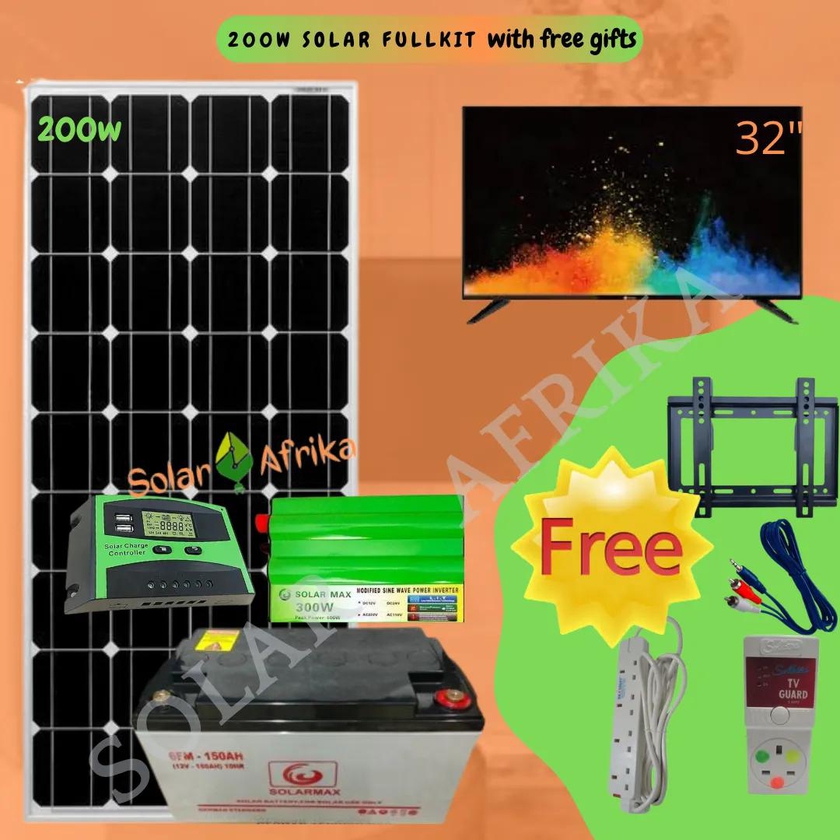 Solarmax solar panel fullkit 200w (panel, battery, inverter, controller) with Television TV + FREE extension cable, Tv guard, audio cable and wall bracket