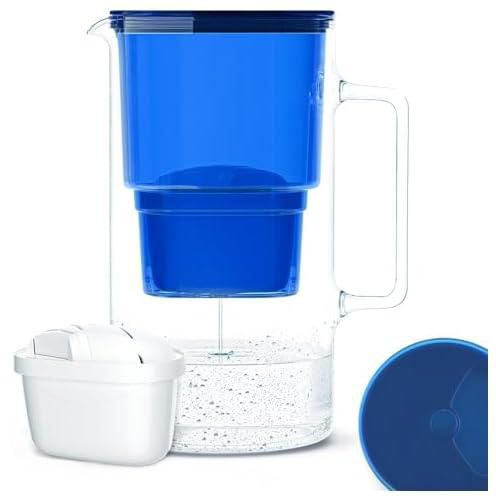 Wessper Glass Water Filter Jug, 2.5 L, Compatible with Brita Water Filter Cartridges, Includes 1 Water Filter Cartridge, Reduces Limescale and Chlorine, Navy Blue
