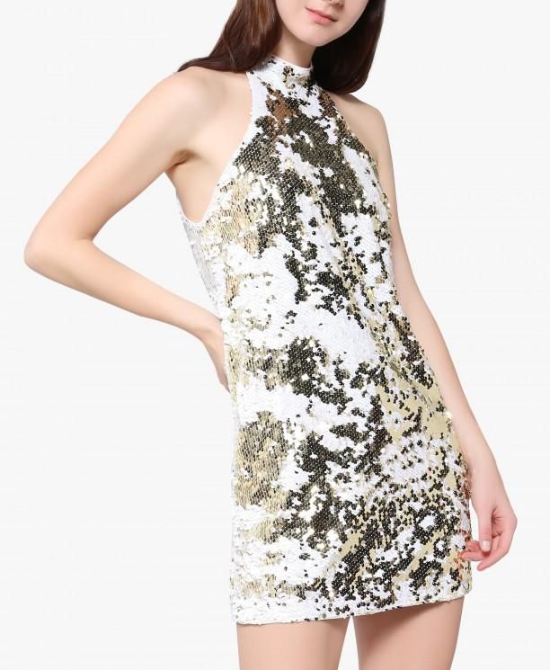 White And Gold Sequin Halter Dress