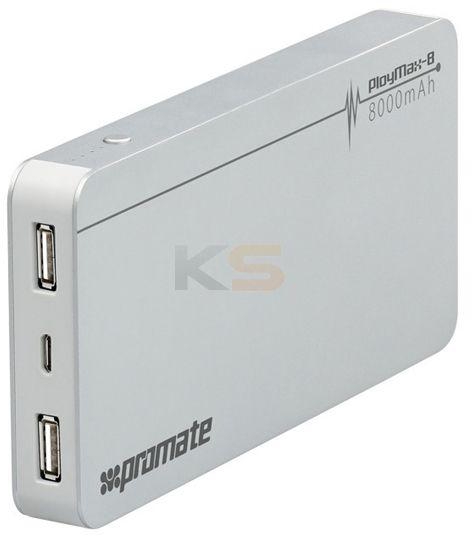 Promate 8000mAh  Ultra-Fast Dual USB Charging Ports Powerb - polyMax-8 (Silver)