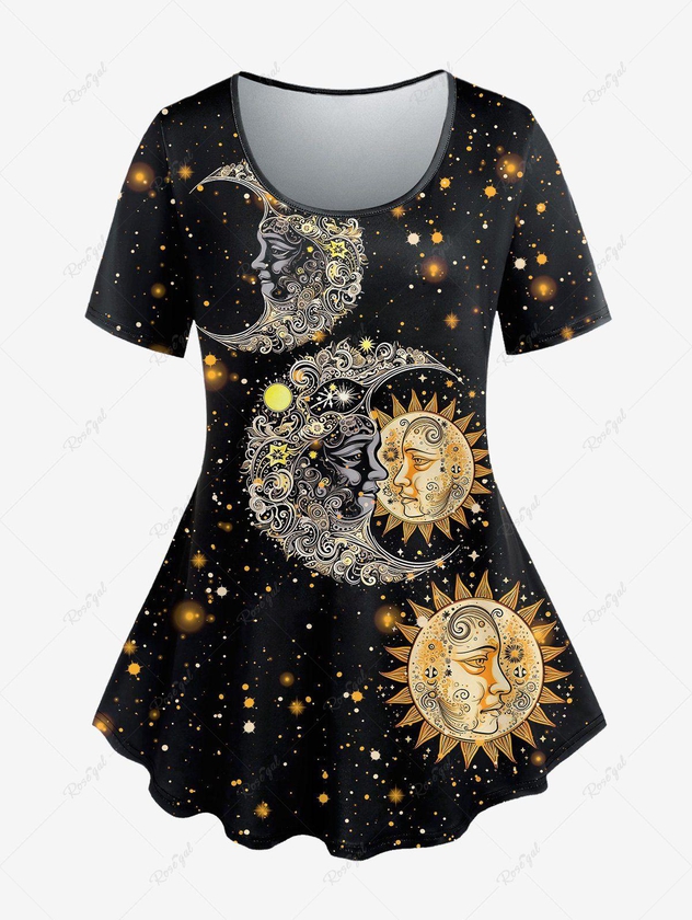 Plus Size Galaxy Glitter Moon Sun Print T-shirt - 6x