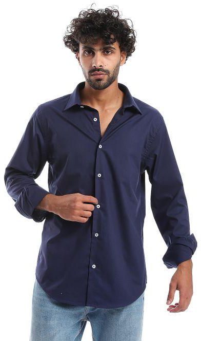 Andora Plain Pattern Long Sleeves Buttons Down Shirt - Navy Blue
