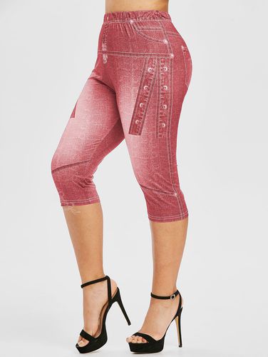 Plus Size 3D Jean Print Cropped High Waisted Jeggings - 4x