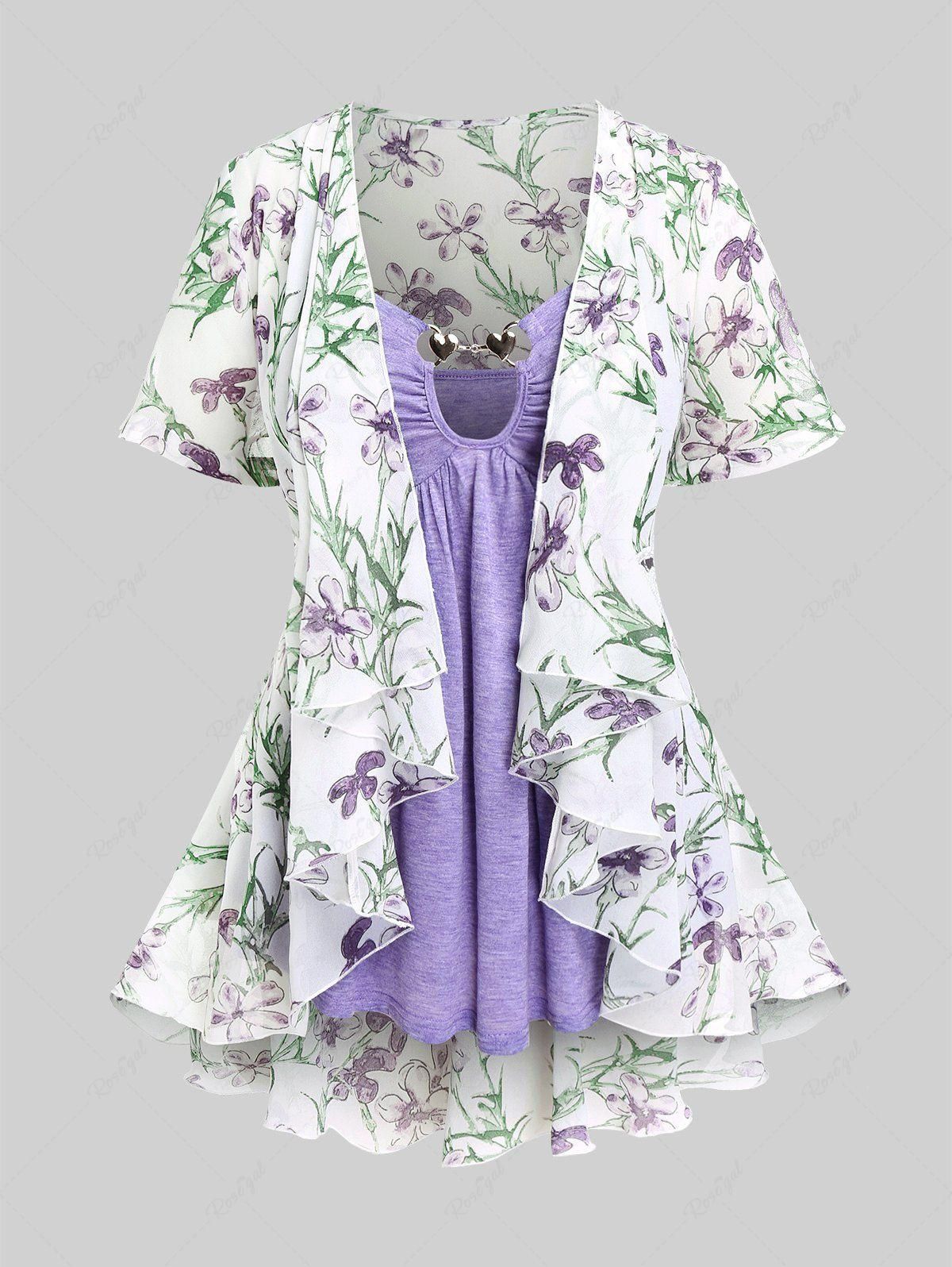 Plus Size Metal Decor Cami Top and Lace Panel Floral Chiffon Draped Ruffle Kimono Set - 2x | Us 18-20