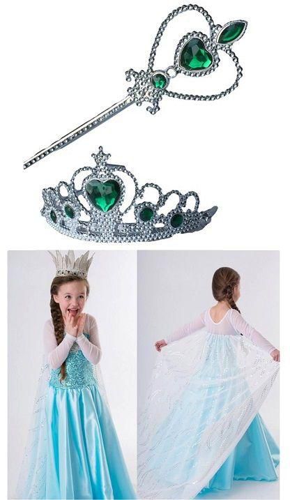 3 Pieces Elsa Blue Frozen Dress With Green Crown And Wand 2-3 Years