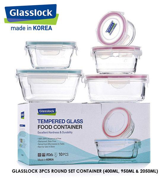 Glasslock Food Containers 5pcs set Round 165ml + 360ml + 720ml Square 400ml + 900ml