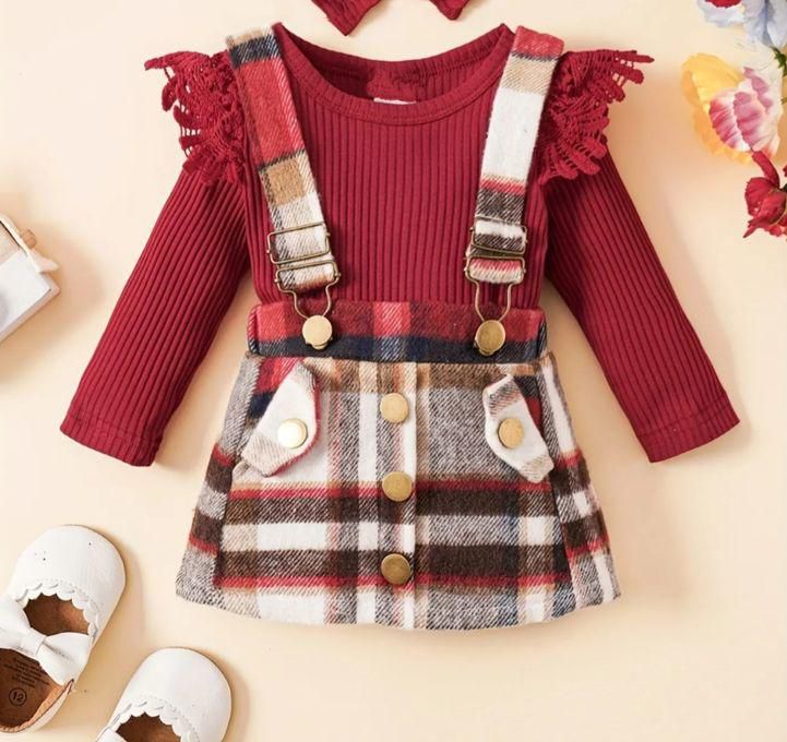 Girls Two Piece Set Pocket Wolen Check And The Blouse Ribed