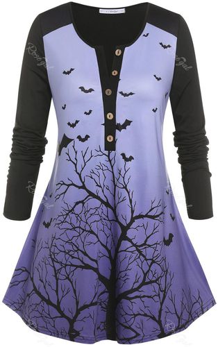 Plus Size Bat Branch Print Halloween Tee - L
