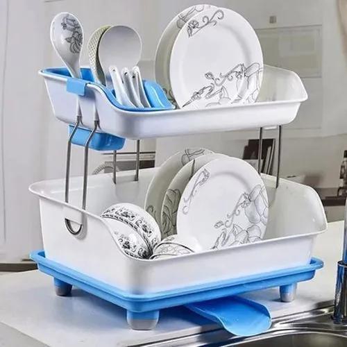 Generic 2-tier Plastic Dish Bowl Drainer Rack - Blue/White