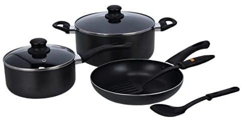 Royalford 7 Pieces Aluminium Cookware Set, Black, Rf8948, Scratch Resistant, Tempered Glass Lids, 2.5MM Body Thickness, Bakelite Knobs, and CD Bottom
