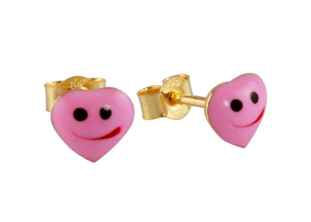 Vera Perla 18K Solid Gold and Pink Smiley Enamel Heart Earrings