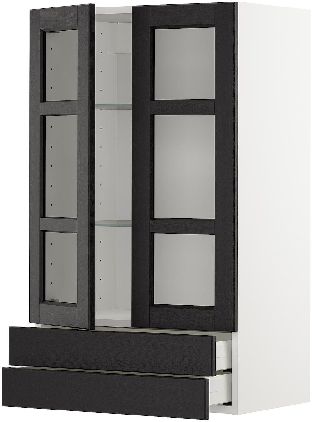 METOD / MAXIMERA Wall cab w 2 glass doors/2 drawers - white/Lerhyttan black stained 60x100 cm