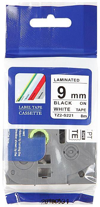 Compatible Label Tape Cartridge TZ2-S221 For Brother P Touch 9mm Black On White Laminated Strong Adhesive